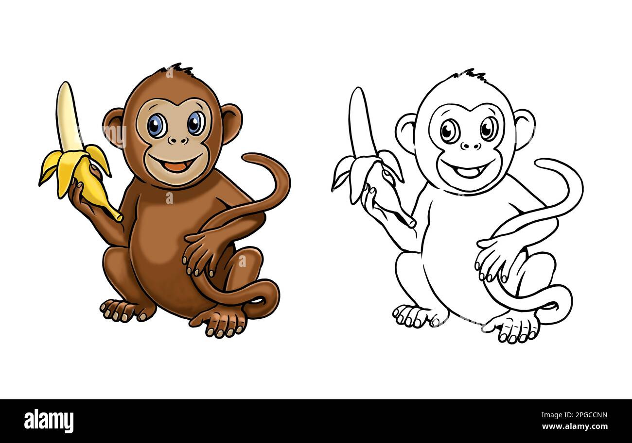 Cute monkey with banana to color in. Template for a coloring book with