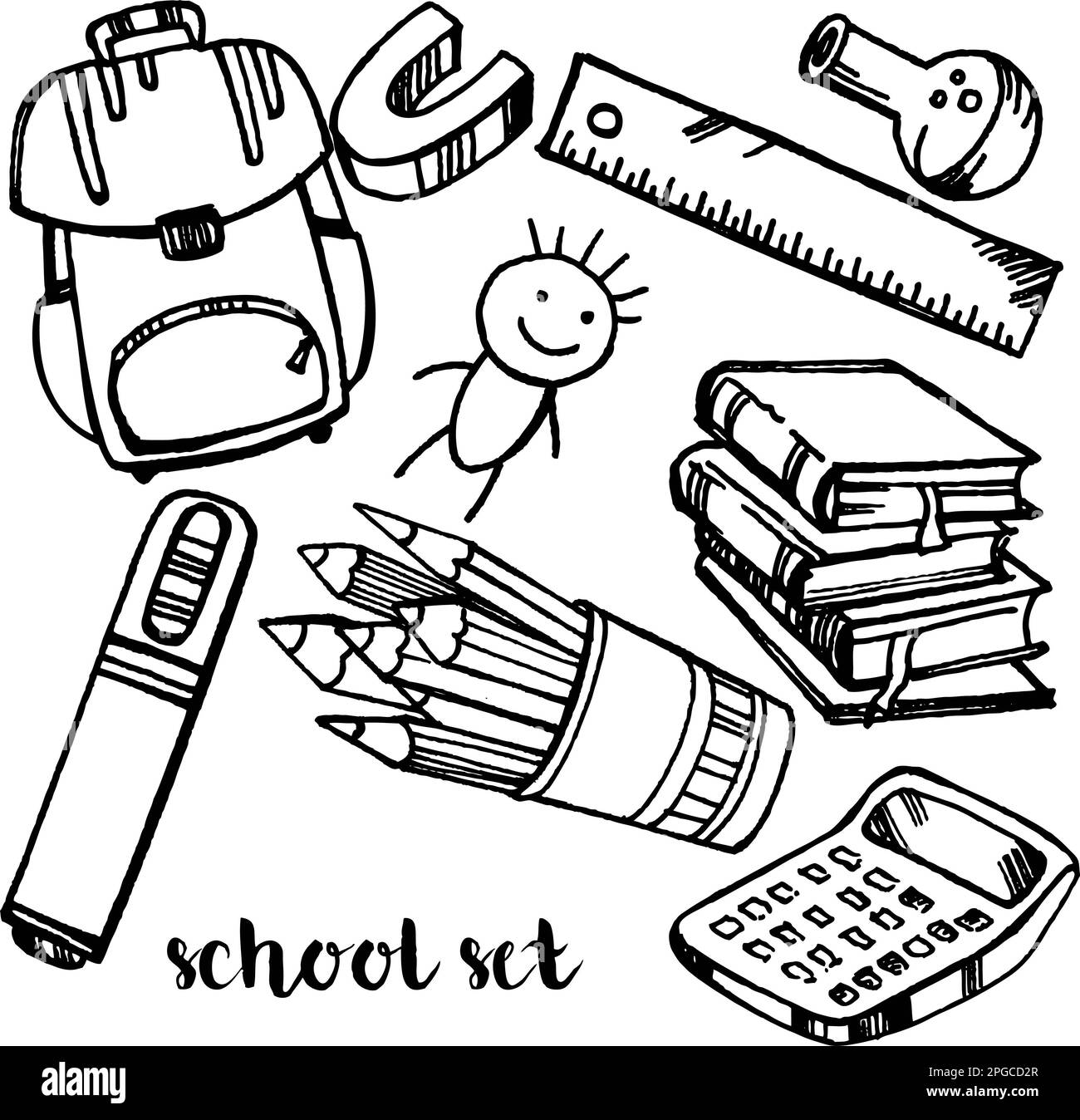 hand draw set of different subjects on the school theme, line art, sketch; isolated; black on white background Stock Photo