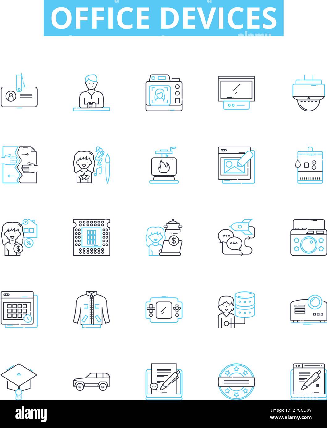 Office devices vector line icons set. Printers, Copiers, Computers ...