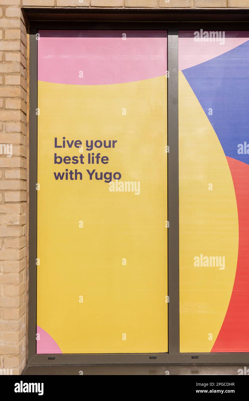 Windows advertising Yugo, the student housing company.  Taken on Newmarket Road, Cambridge, UK Stock Photo
