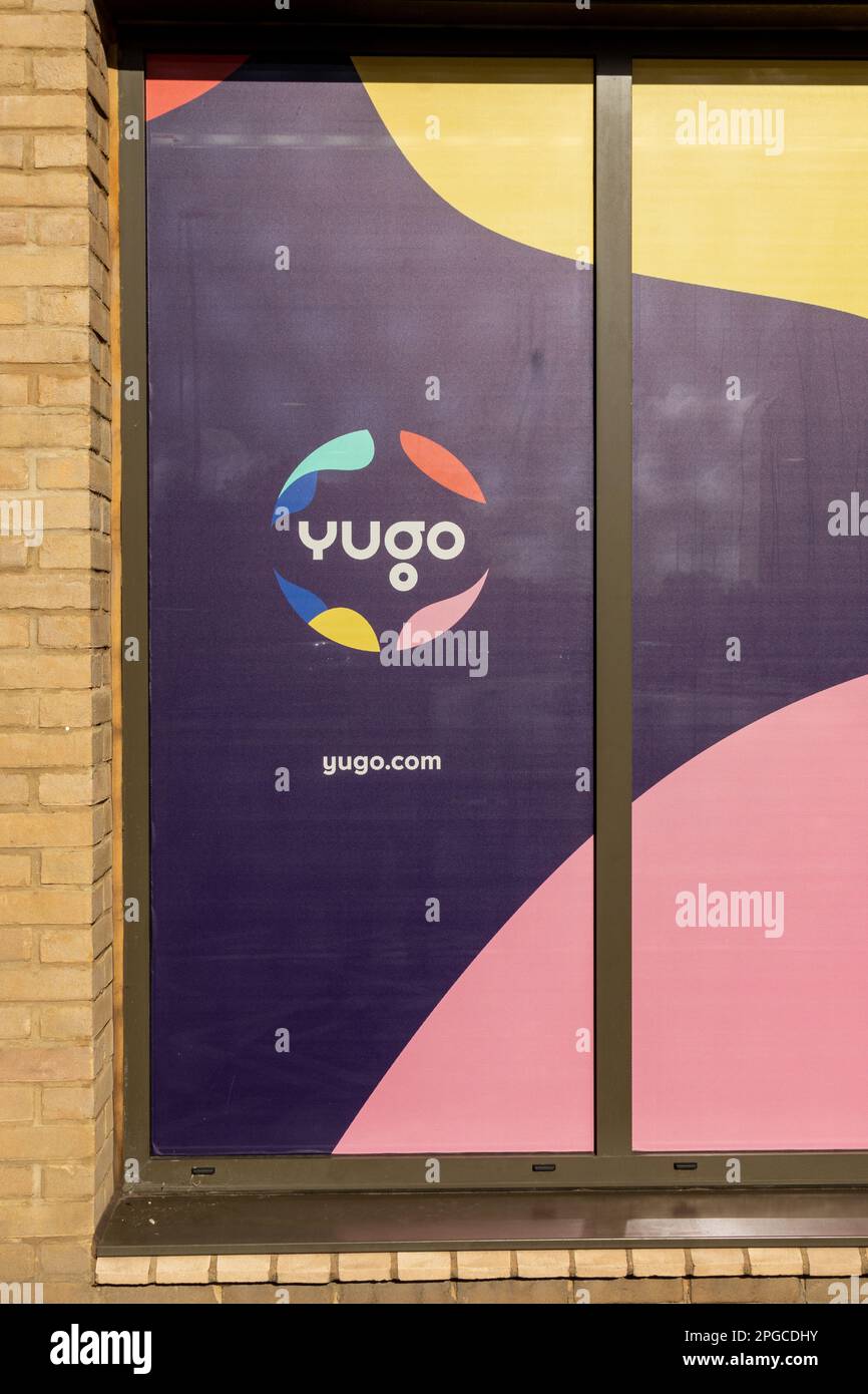 Windows advertising Yugo, the student housing company.  Taken on Newmarket Road, Cambridge, UK Stock Photo