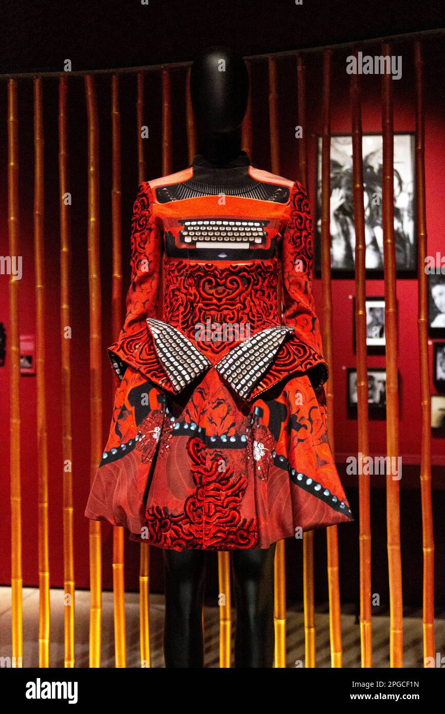Typewriter Dress (2012) by Mary Katrantzou, Objects of Desire: Surrealism and Design 1924 – Today exhibition, Design Museum, London, UK Stock Photo