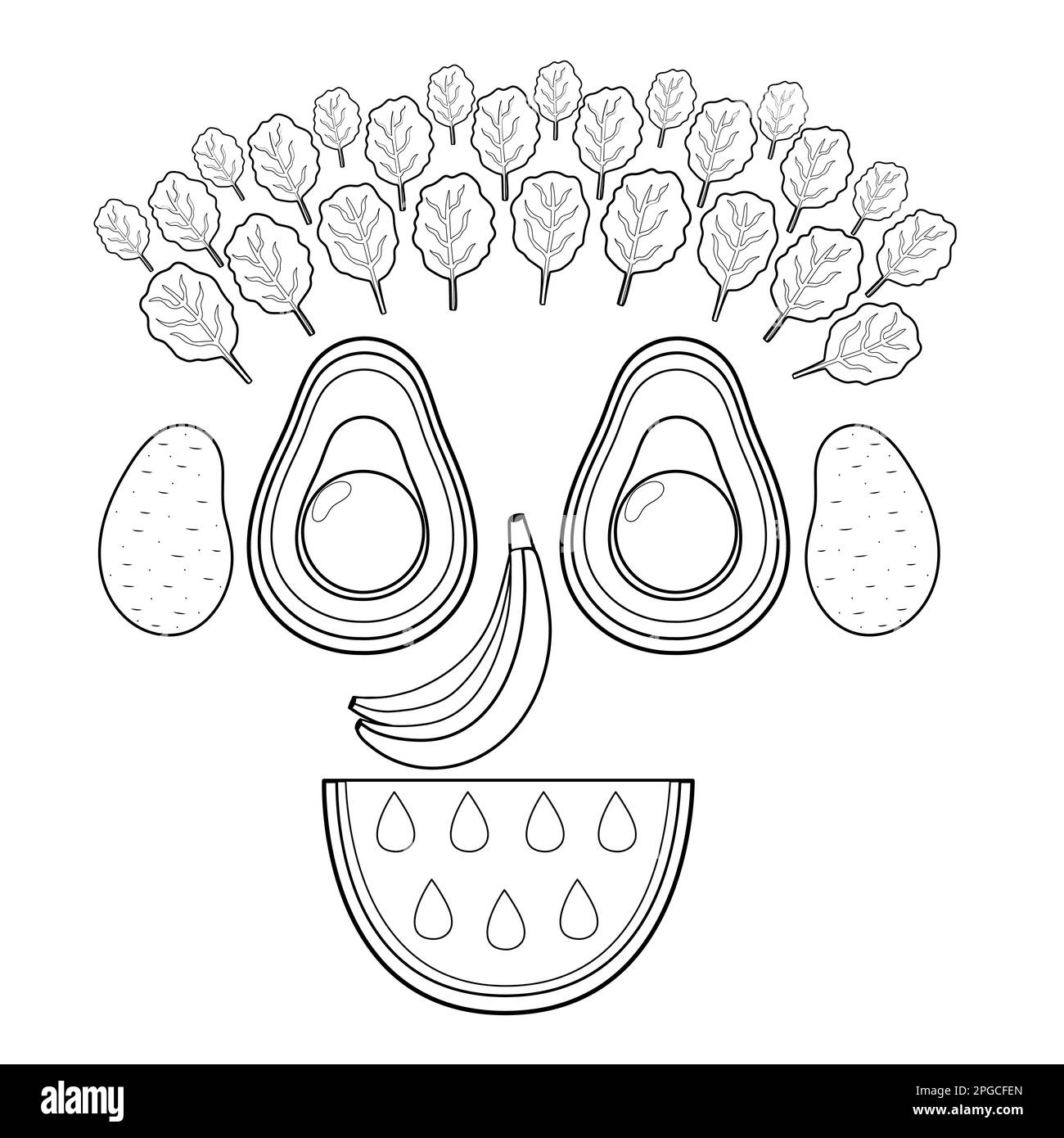 Black and white funny smiling fruit and vegetable face. Funny food coloring page Stock Vector