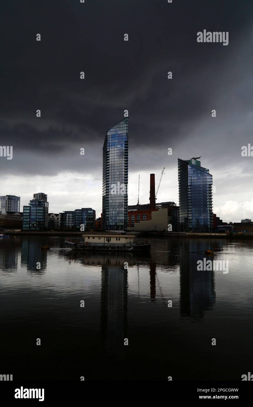 Modern high rise buildings and former Lots Road Power Station under