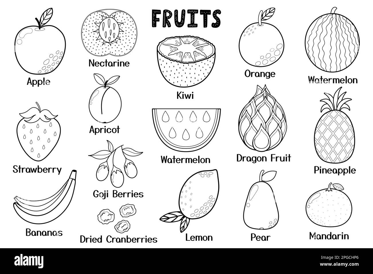 Black and white fruits collection. Healthy food isolated elements. Great for coloring page Stock Vector