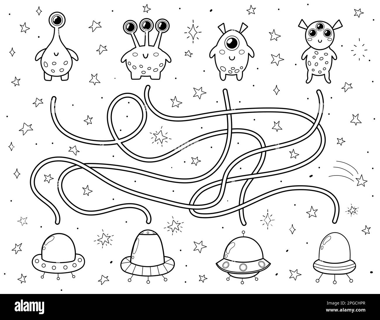 Find the correct flying saucer for each alien. Black and white space maze for kids Stock Vector
