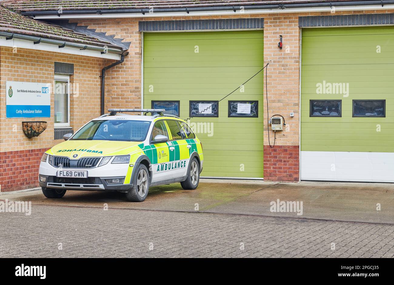 An electric ambulance car parked at the ambulance station, Corby