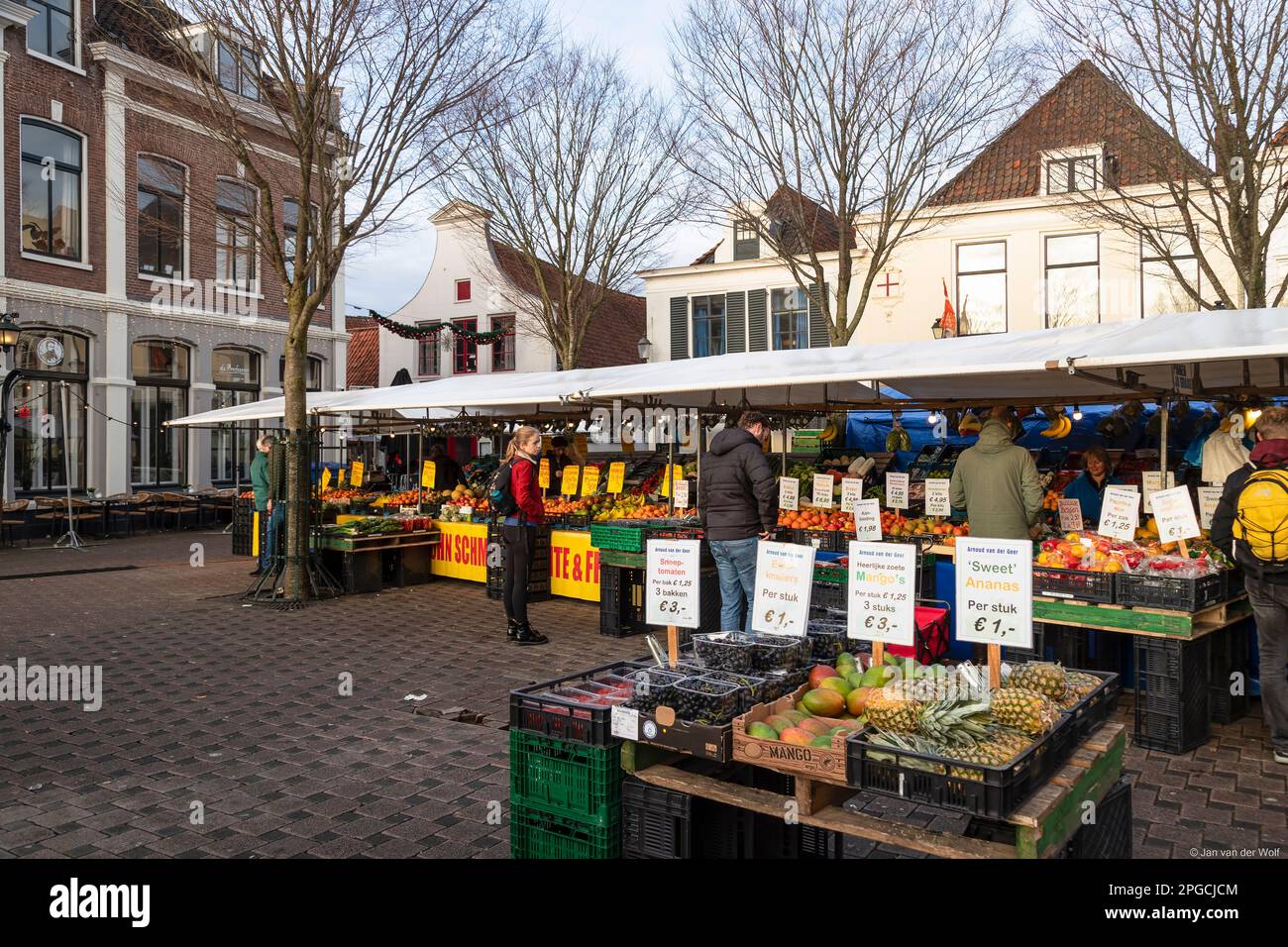 Market stall with fruit and vegetables on the city square De Hof in