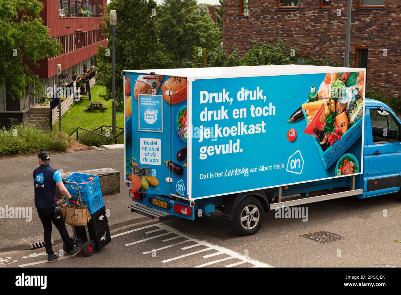 Well-known supermarket delivers groceries to your home in Amersfoort. Stock Photo