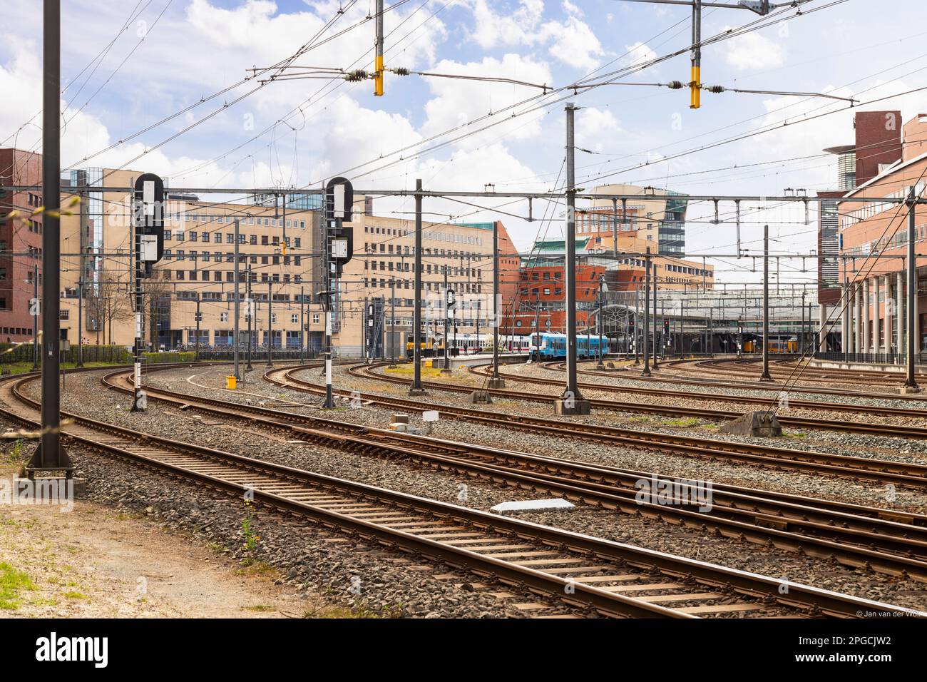 Train tracks to and from the central station of Amersfoort. Stock Photo