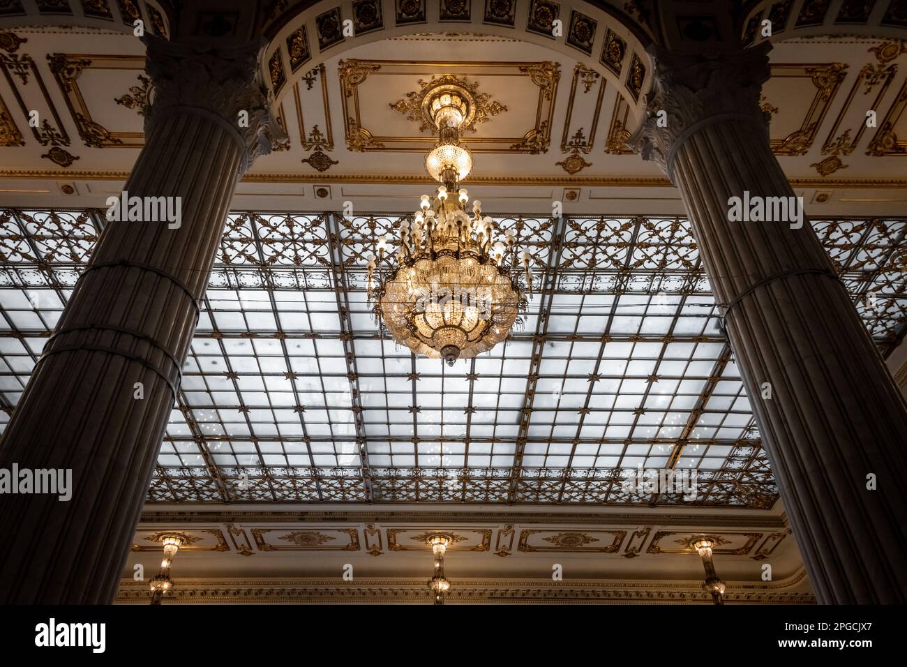 Imposing state rooms with chandeliers inside the Parliament buildings in Bucharest, Romania. Stock Photo