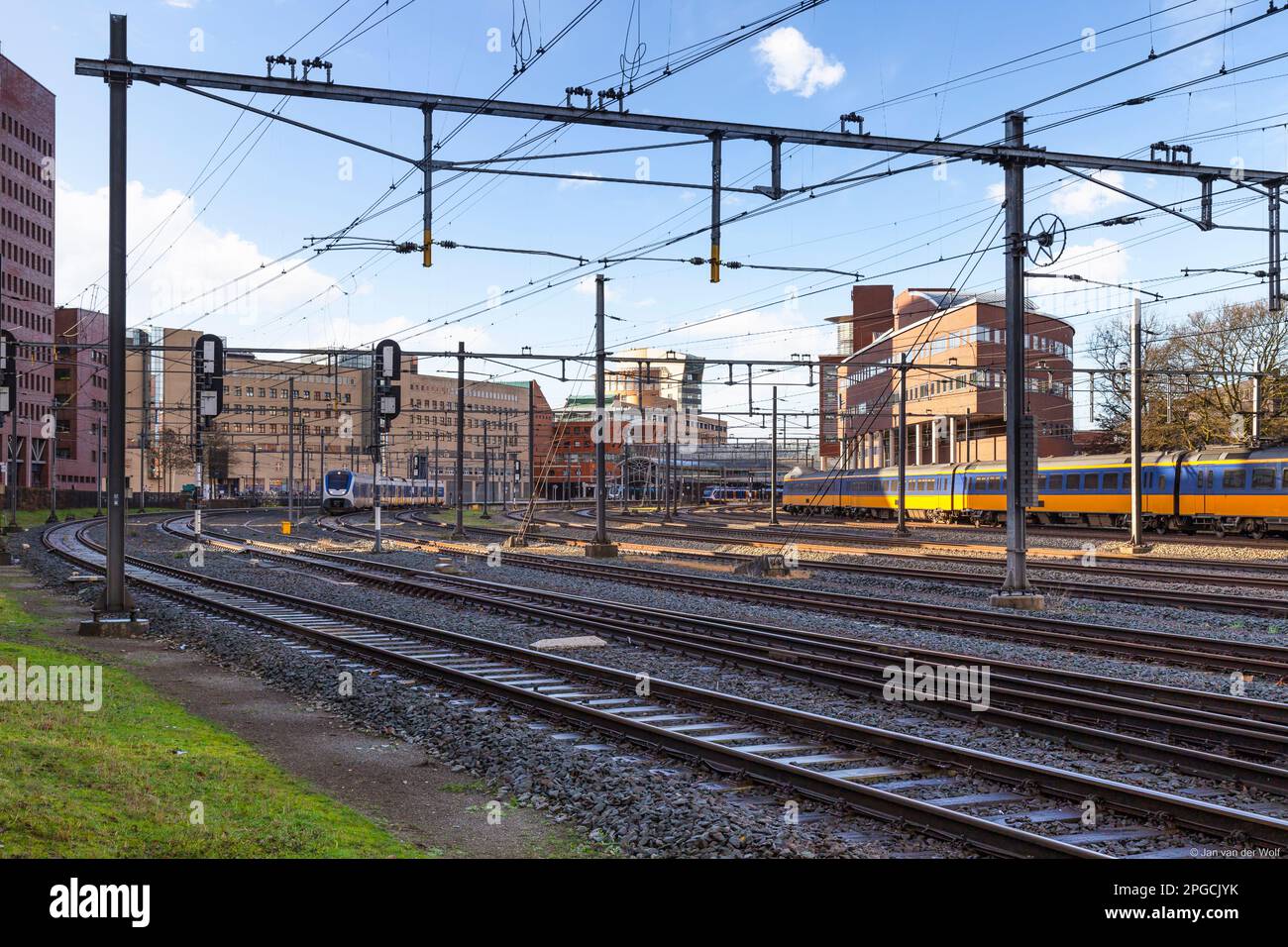 Trains depart and arrive at Amersfoort Central Station. Stock Photo