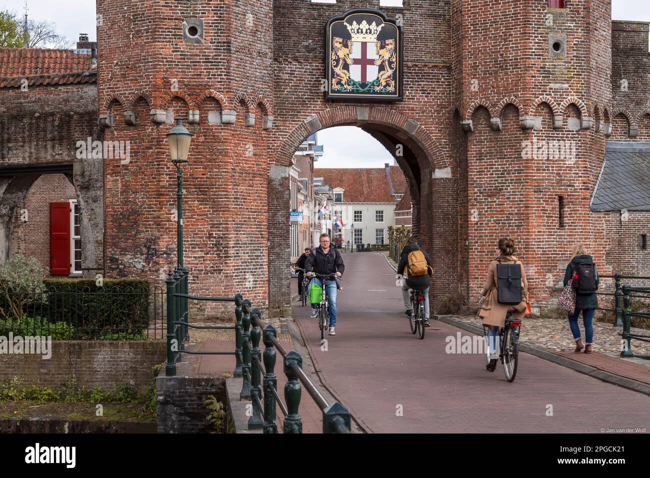 Historic city center with the city coat of arms of Amersfoort on the city gate, the Koppelpoort. Stock Photo