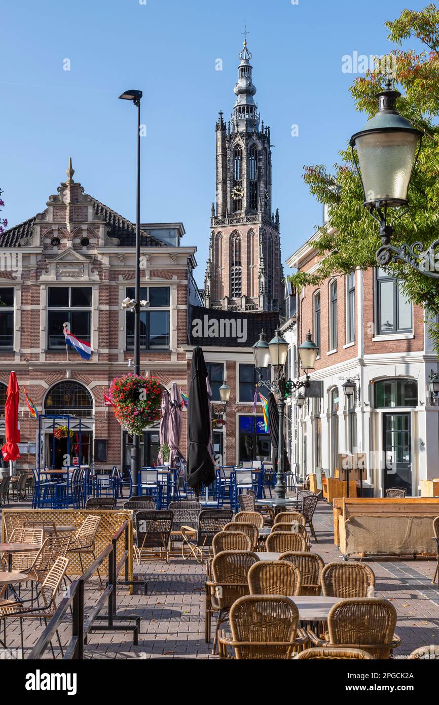 City square De Hof with Our Lady's Tower in the background in the historic city of Amersfoort. Stock Photo