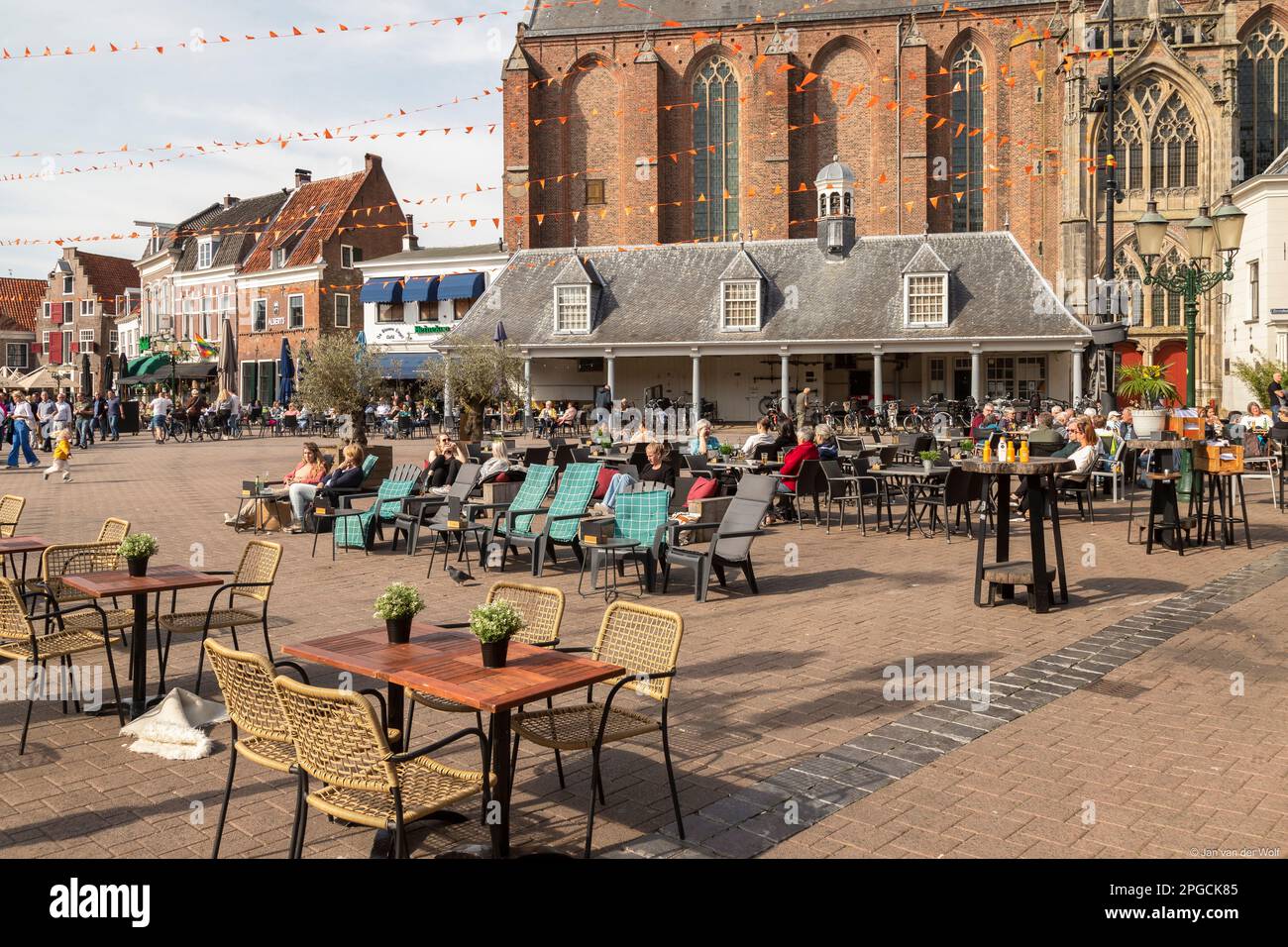 Pleasantly busy on the terraces on the city square in the center of Amersfoort. Stock Photo