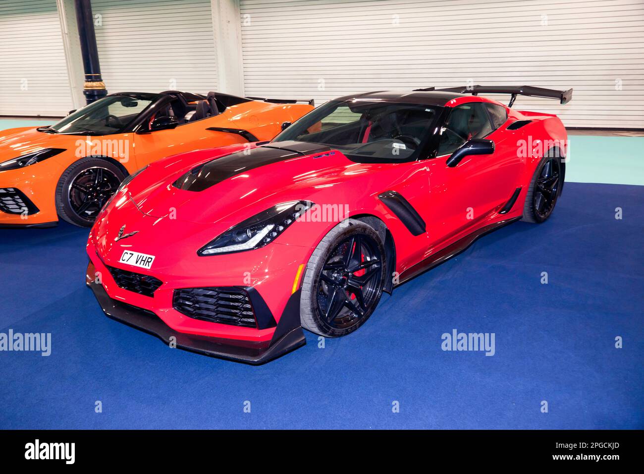 Three-quarters Front View of a Red, 2019, Chevrolet Corvette C7, on ...