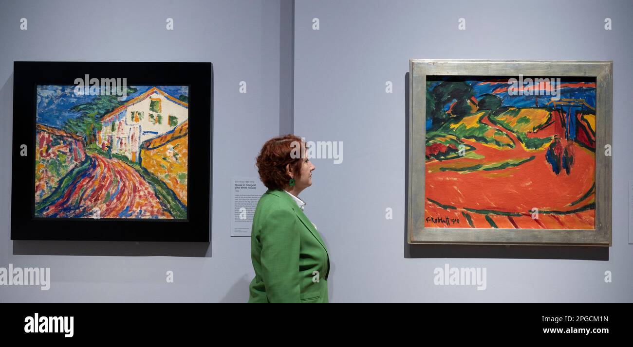 The National Gallery, London, UK. 22nd Mar, 2023. After Impressionism exhibition, opening 25 March-13 August, explores a period of upheaval when artists broke with established tradition and laid the foundations for the art of the 20th and 21st centuries. Image: (left) Erich Heckel, House in Dangast (The White House), Haus in Dangast (Weisses Haus), 1908.Carmen Thyssen Collection; (right) Karl Schmitt-Rottluf, Break in the Dyke, Deichdurchbruch, 1910, Brücke-Museum, Berlin. Credit: Malcolm Park/Alamy Live News Stock Photo