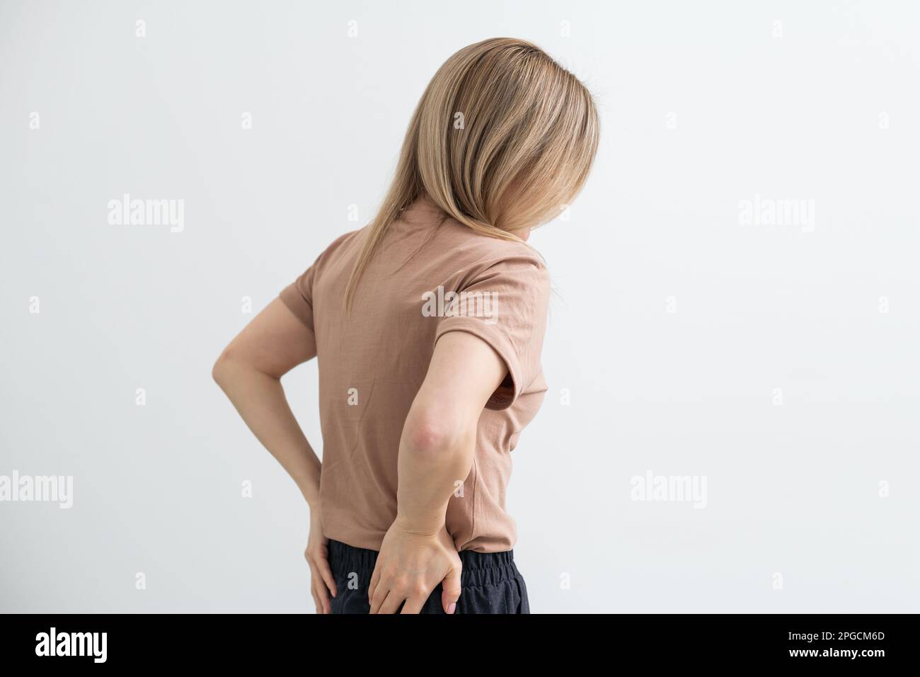 Spine osteoporosis. Scoliosis. Spinal cord problems on woman's back