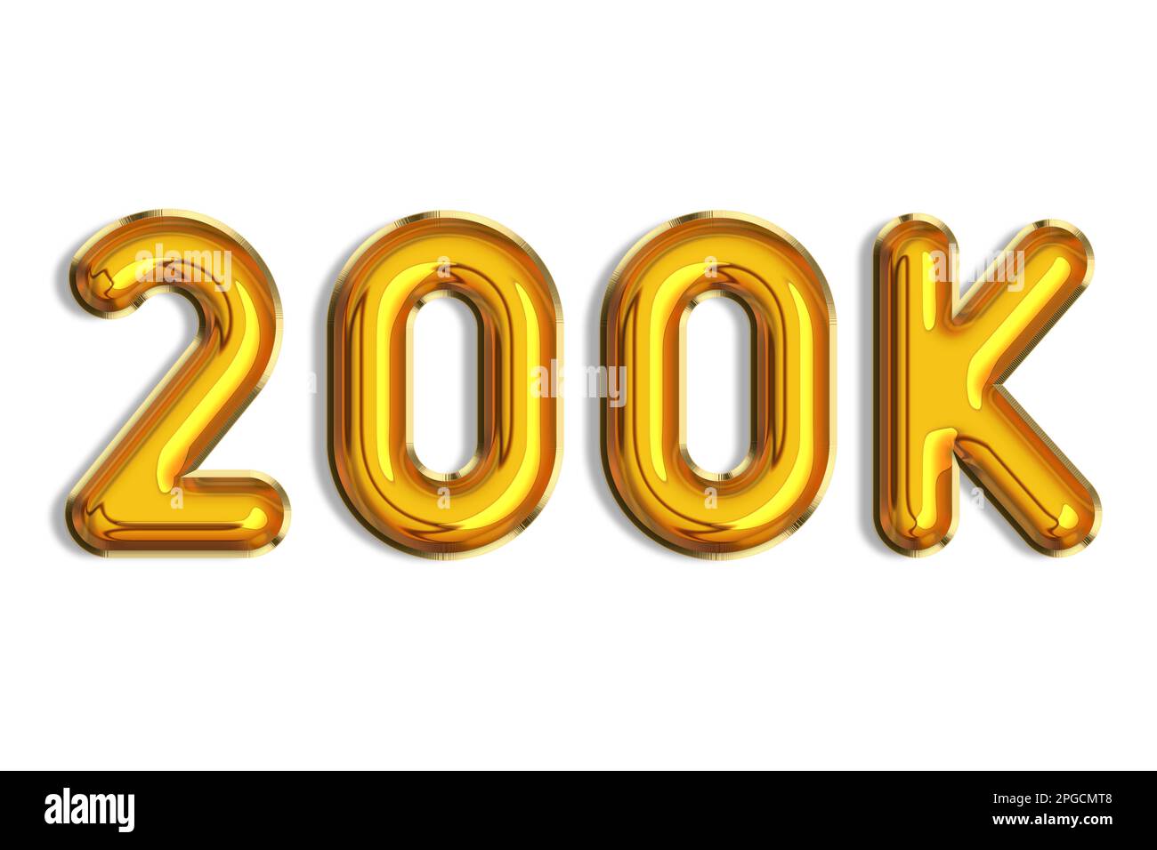 200 or two hundred. Banner, realistic 3d gold helium balloons, logo. Numbers isolated on white. Lettering. Graphic font, shiny text. Illustration for Stock Photo