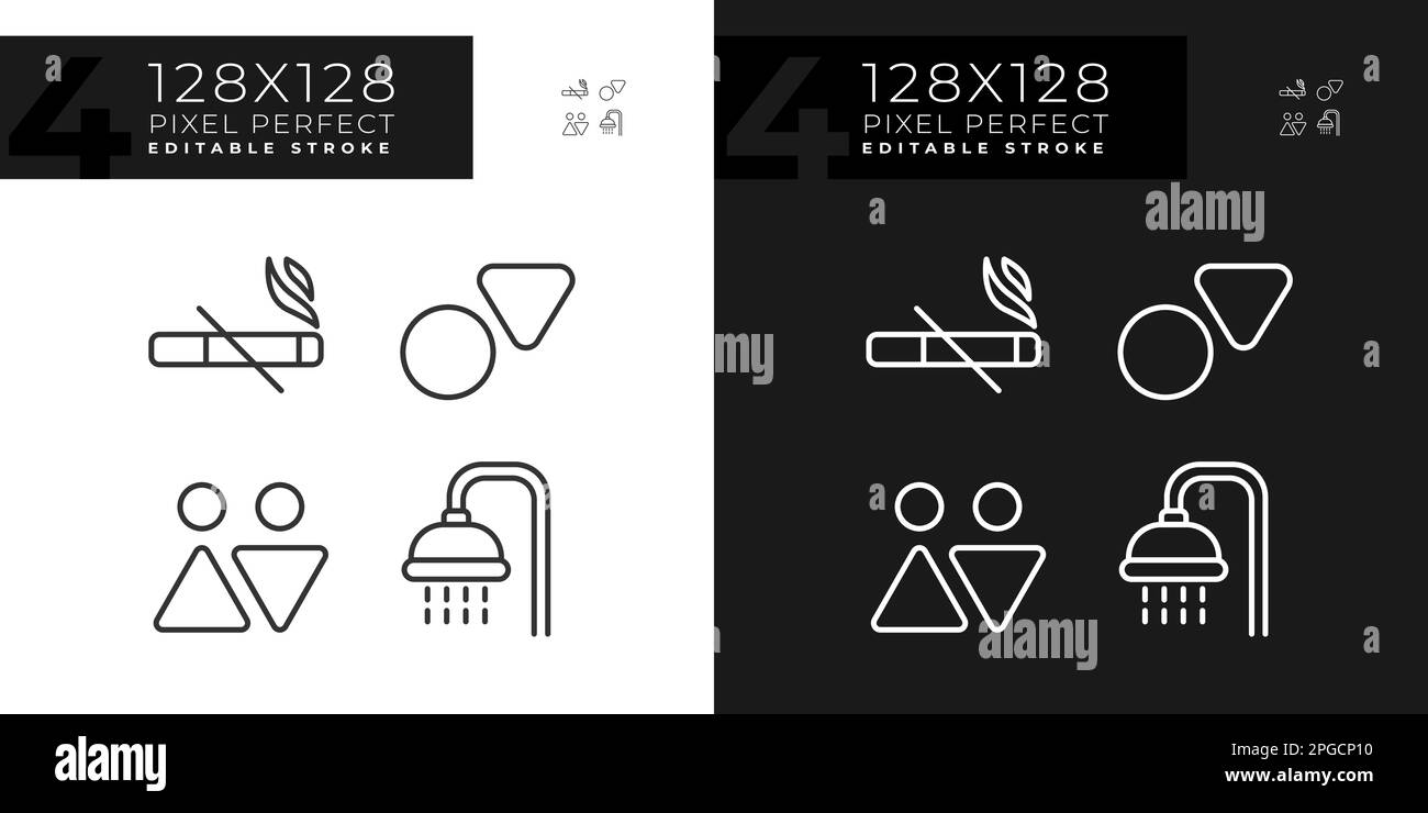 Toilet signs and service pixel perfect linear icons set for dark, light ...