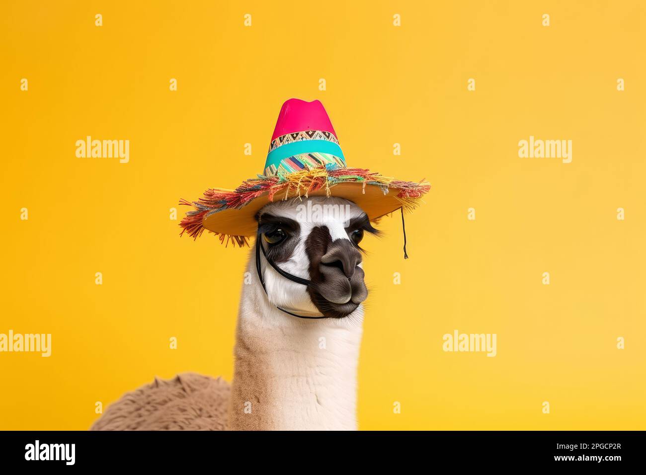 A portrait of a Llama wearing a colourful traditional hat. Generative ai Stock Photo