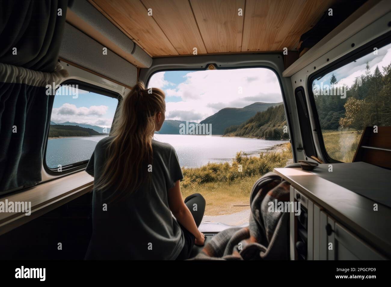 A young woman sitting in a camper van looking at a beautiful view. Generatie ai Stock Photo
