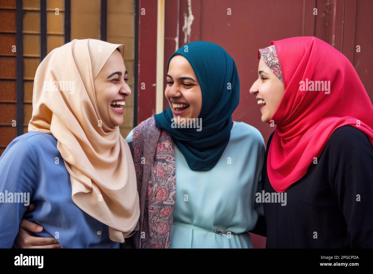 A group of young muslim women wearing headscarves having fun together. Generative ai Stock Photo