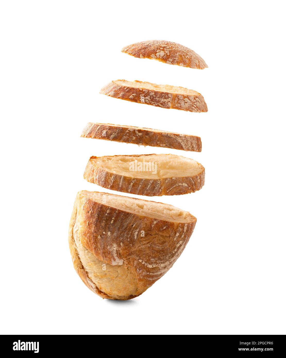 Falling sliced white wheat bread on a white background vertically