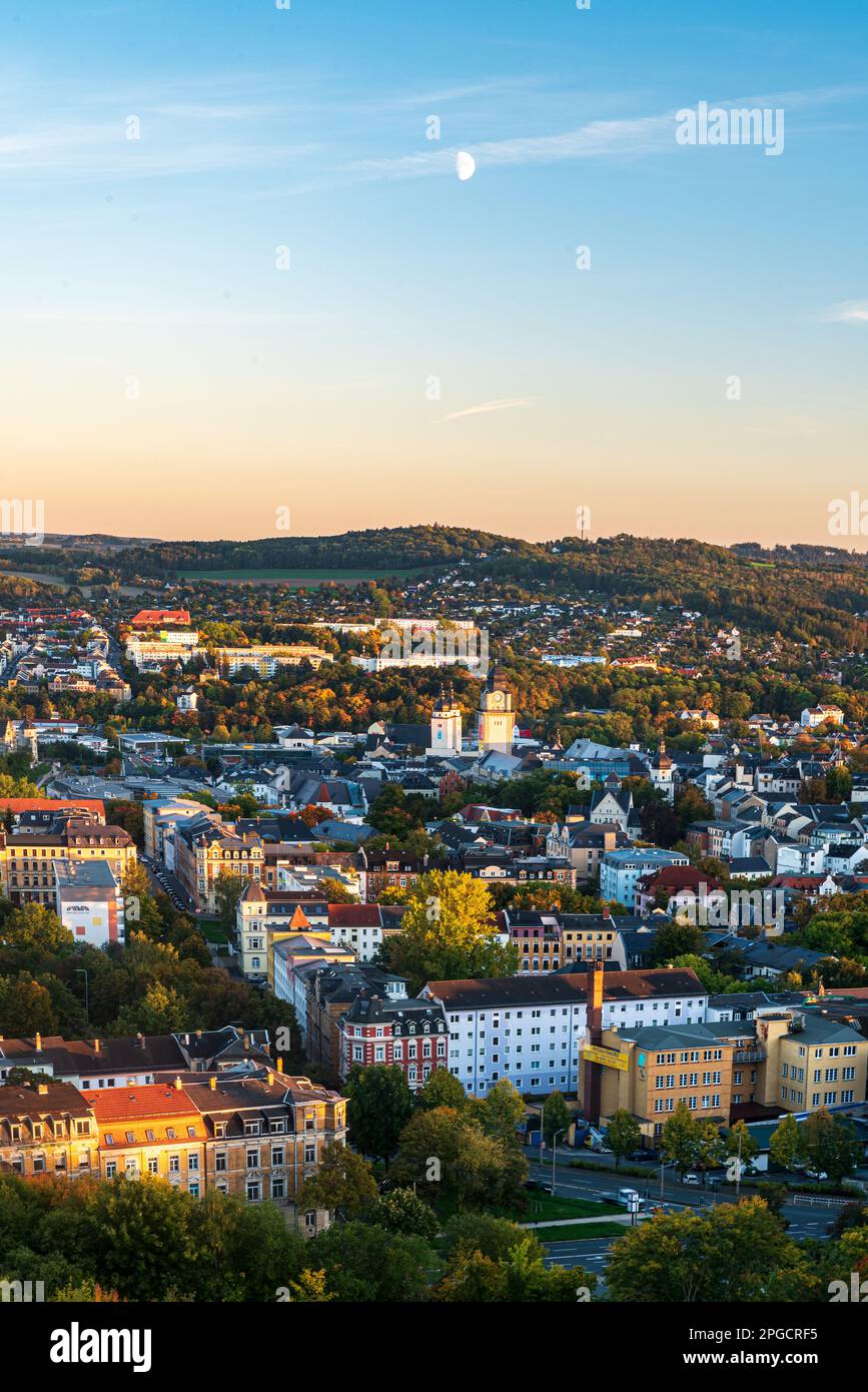 Plauen city with Kemmler hill above from Barenstein hill in Germany during autumn evening Stock Photo