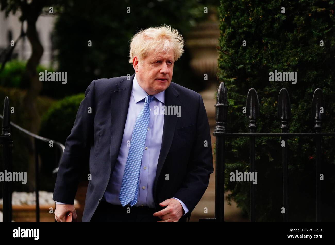 Former prime minister Boris Johnson leaves his home in London. Mr Johnson will give evidence as to whether he knowingly misled Parliament over partygate at a hearing of the Commons Privileges Committee in Portcullis House in central London. Picture date: Wednesday March 22, 2023. Stock Photo