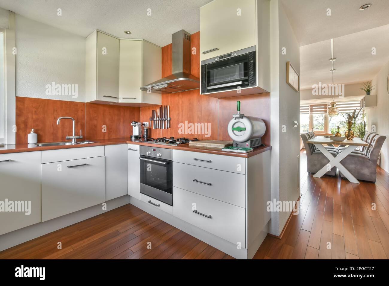 Interior of modern kitchen with minimalist cabinets and built in ...