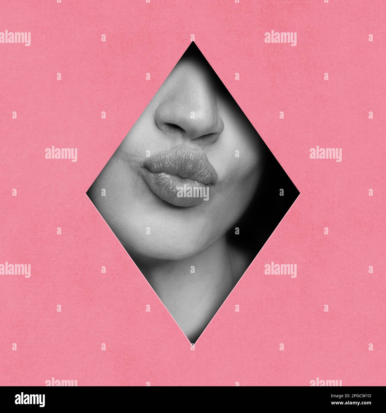 Kisses. Black and white image of cropped female face part, lips and