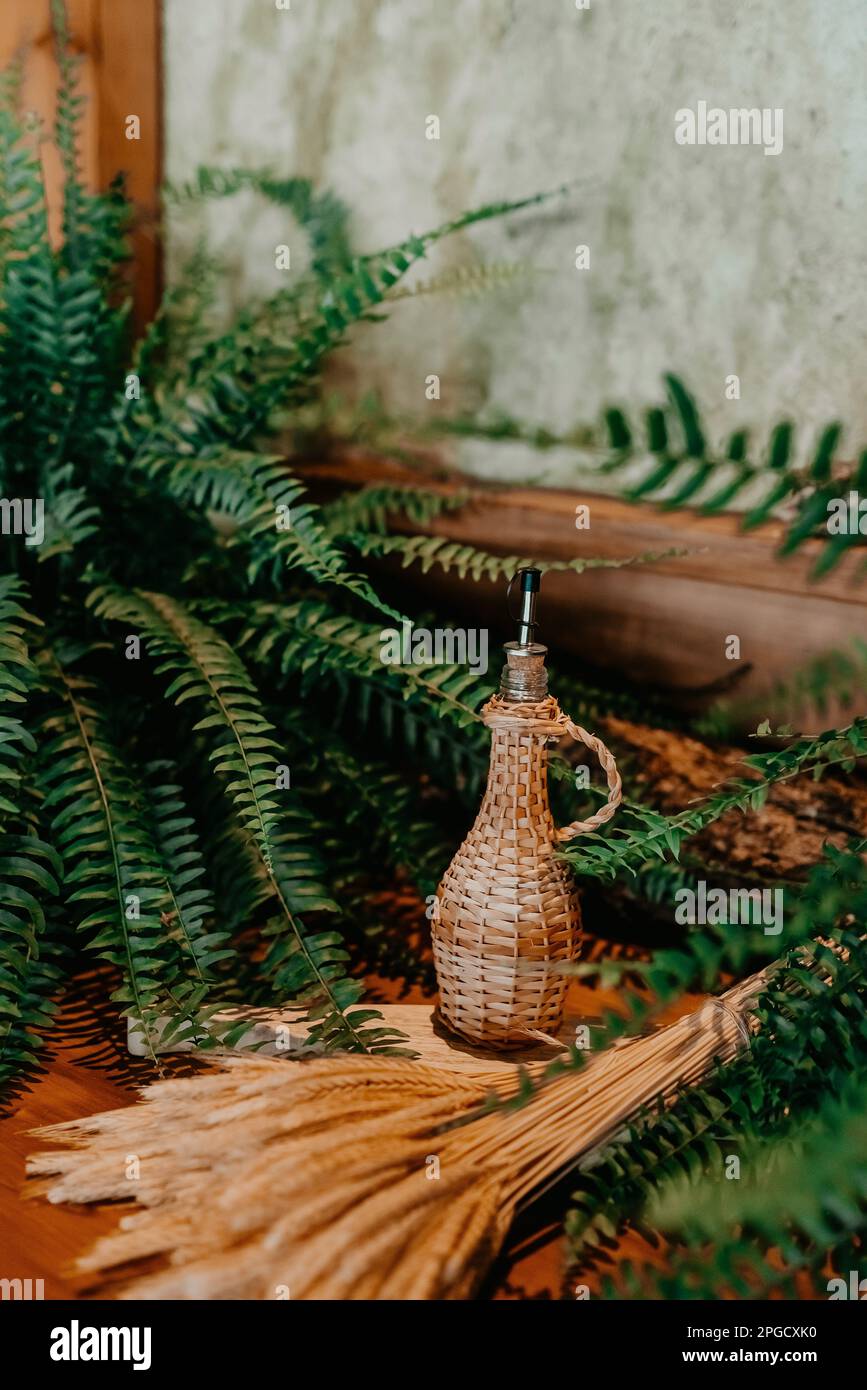 A wooden interior design with a variety of small decorations creating a