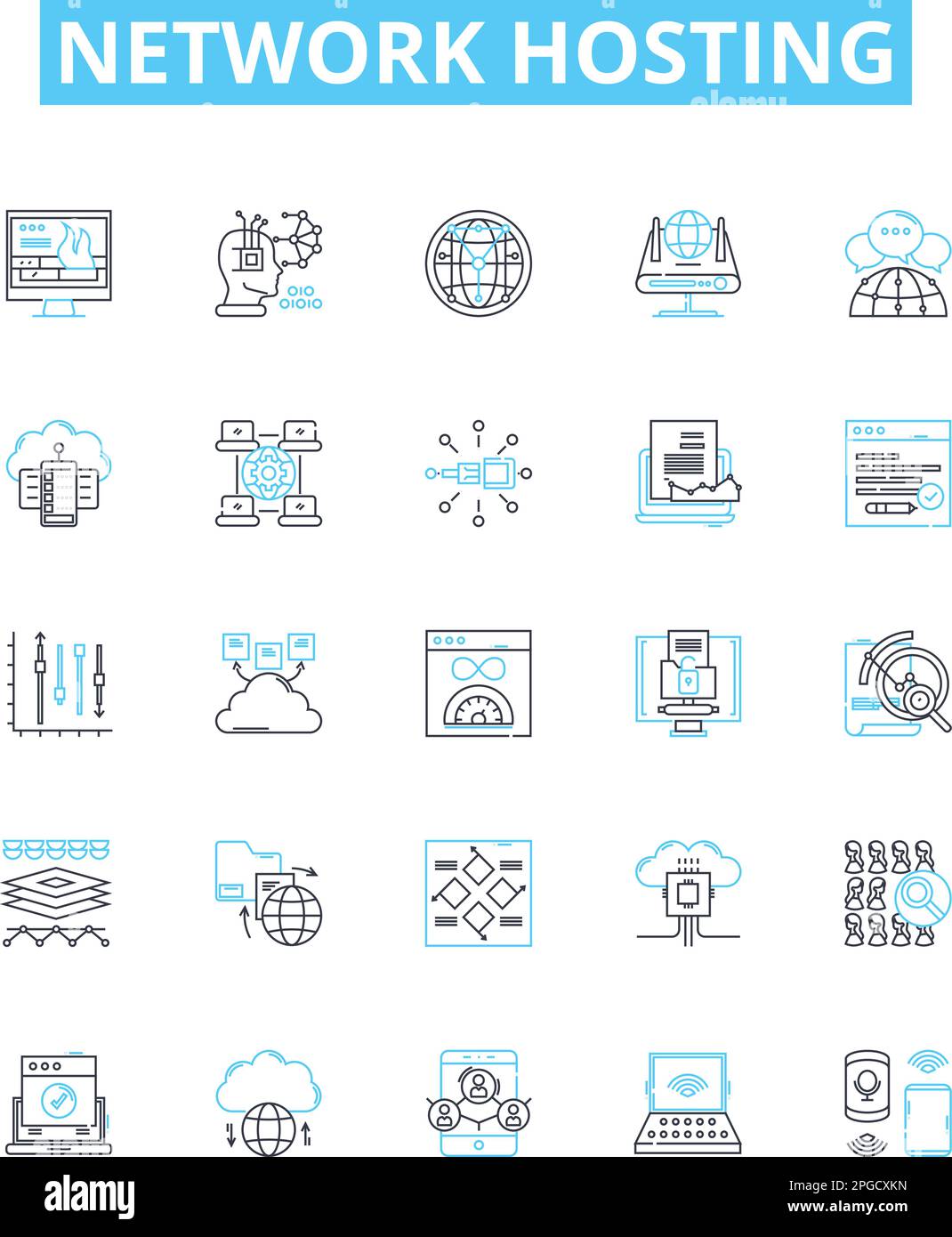 Network hosting vector line icons set. Webhosting, Cloudhosting, Networking, Colocation, Shared, Dedicated, Domains illustration outline concept Stock Vector