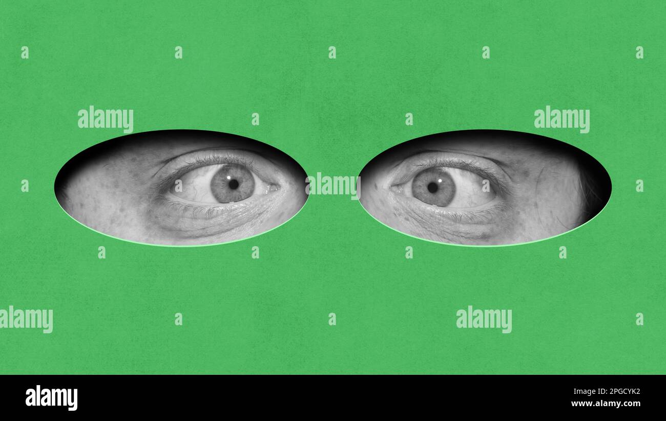 Black and white image of male eyes over green background. Spy, super hero. Cartoon style. Contemporary art collage. Conceptual design. Stock Photo