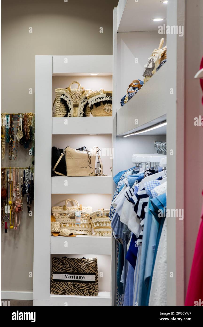 women's clothes shop interior, trendy clothing Mallorca Spain Stock Photo