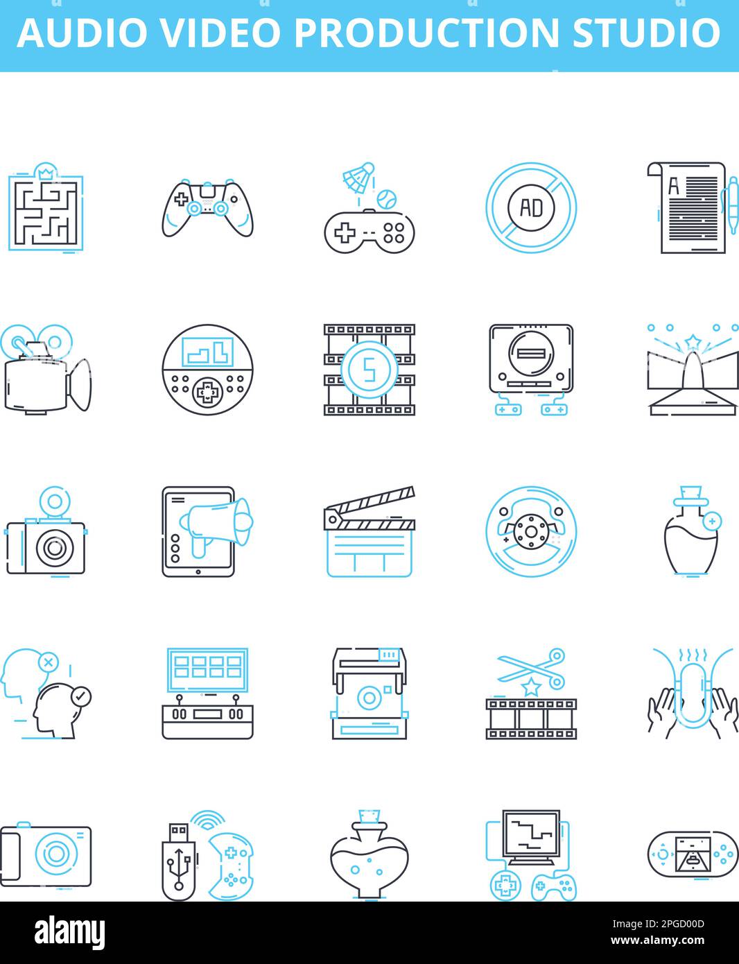Audio video production studio vector line icons set. Recording, Mixing, Mastering, Editing, Dubbing, Broadcasting, Commercials illustration outline Stock Vector