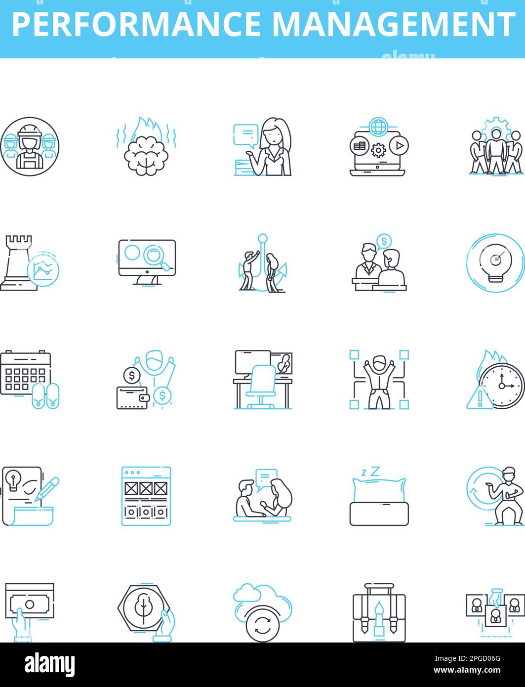 Performance management vector line icons set. Performance, Management, Assessment, Appraisal, measurement, Monitoring, Evaluation illustration outline Stock Vector