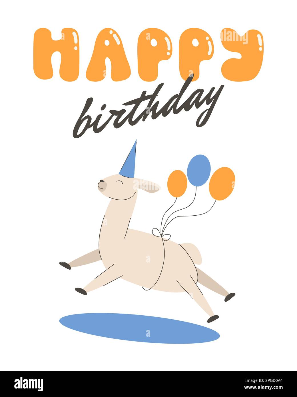 Happy birthday card with funny flying lama, alpaca. Llama with baloons