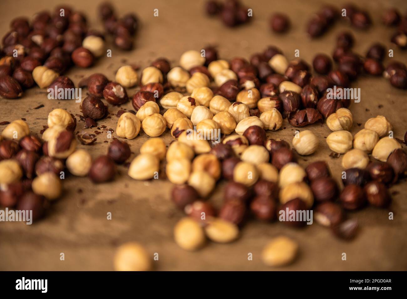 Roasted hazelnut on a baking sheet Stock Photo