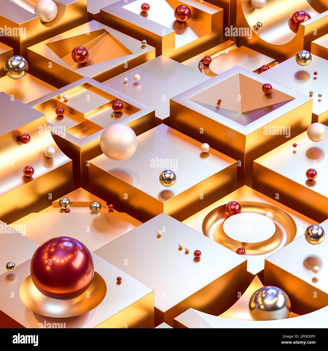 3d render geometric background in metallic gold tone with cubes and spheres Stock Photo