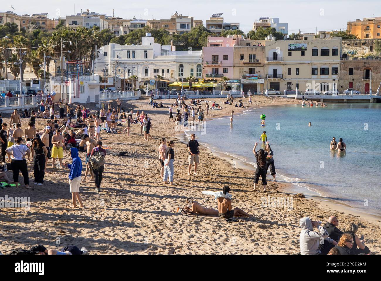 the sandy beach in st georges bay in st julians malta Stock Photo