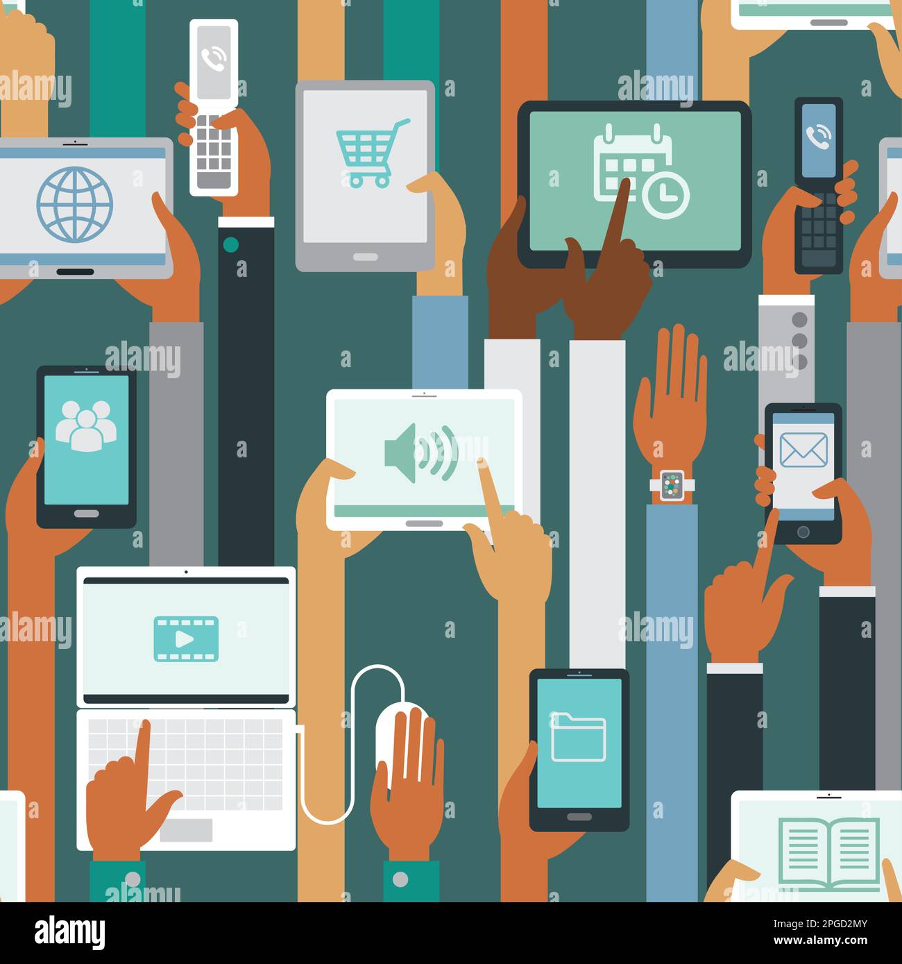 Human hands holding smart devices seamless pattern Stock Vector