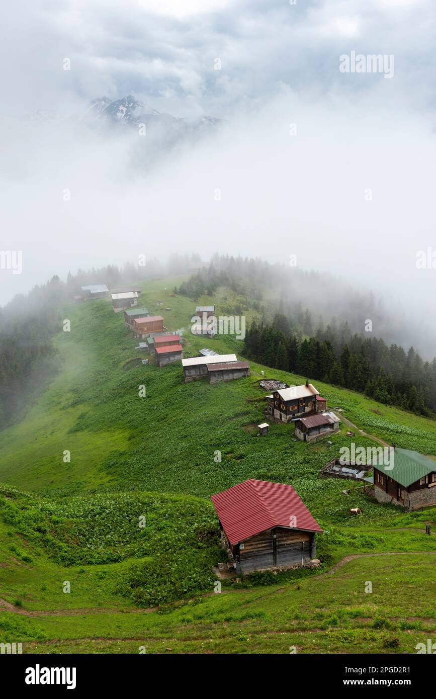 POKUT PLATEAU view with foggy weather. This plateau located in Camlihemsin district of Rize province. Kackar Mountains region. Rize, Turkey. Stock Photo