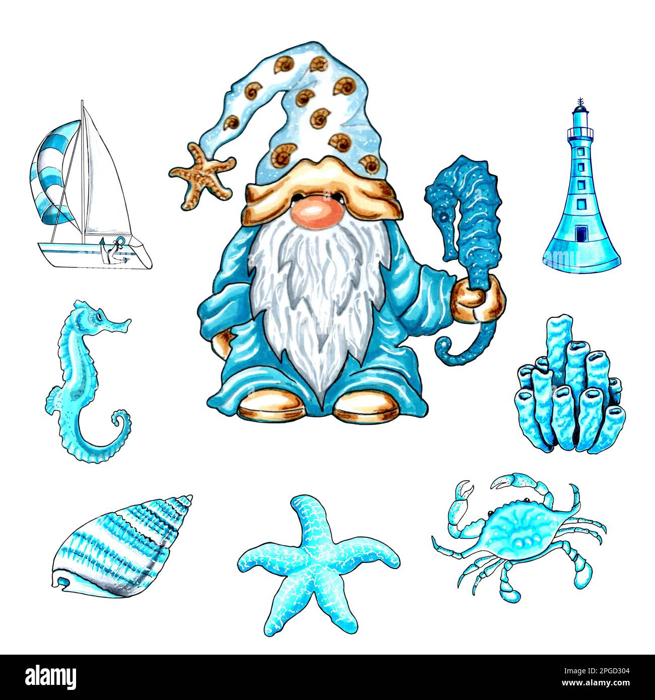 Gnome with marine accessories aqua color. JPEG illustration for