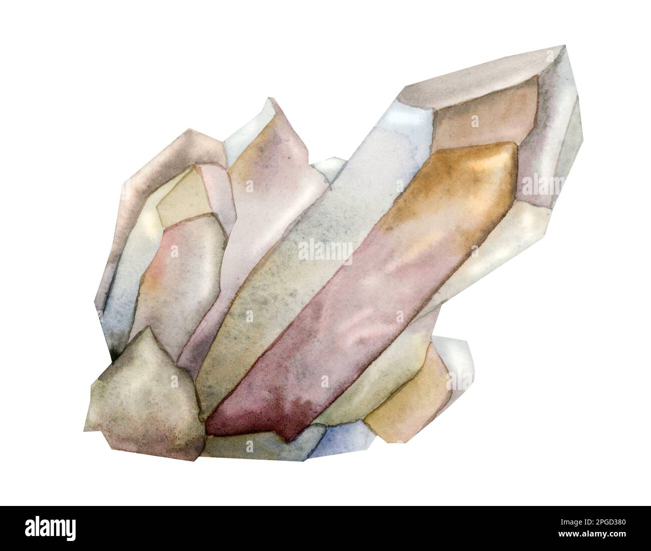 Watercolor quartz crystal for healing, rock mineral gemstone, hand drawn illustration isolated on white background. Stock Photo