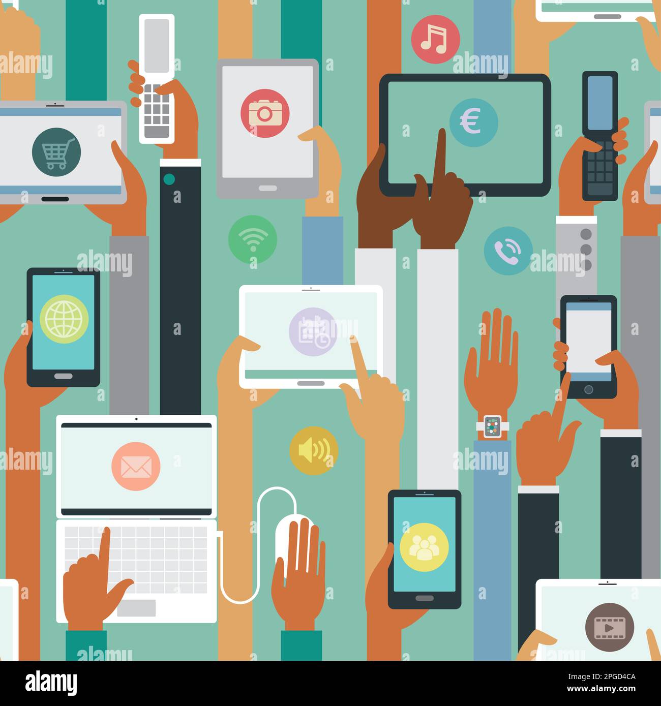 Hands holding smart devices seamless vector pattern Stock Vector
