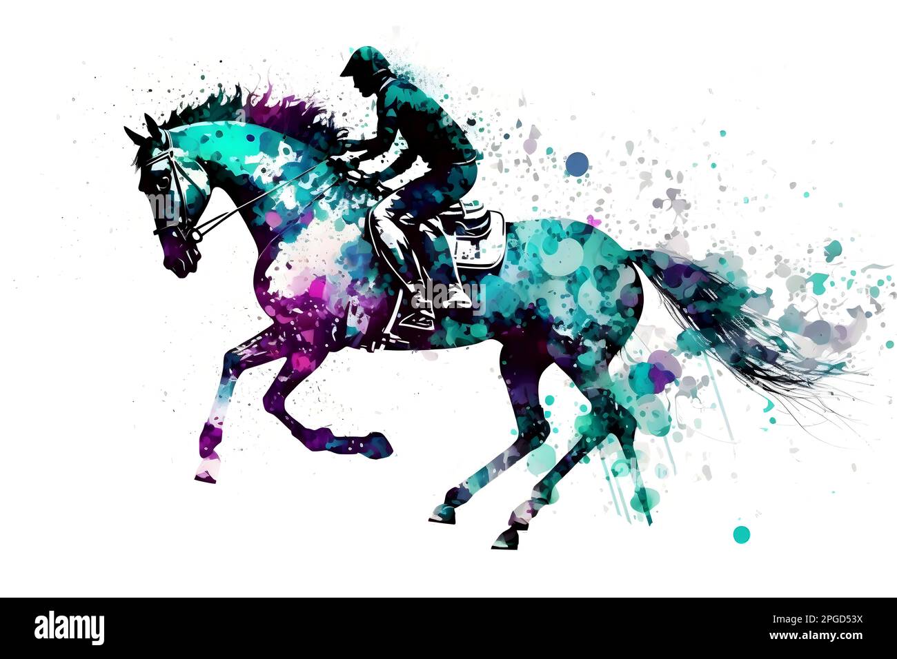 Race horse with jockey on watercolor splatter background. Neural