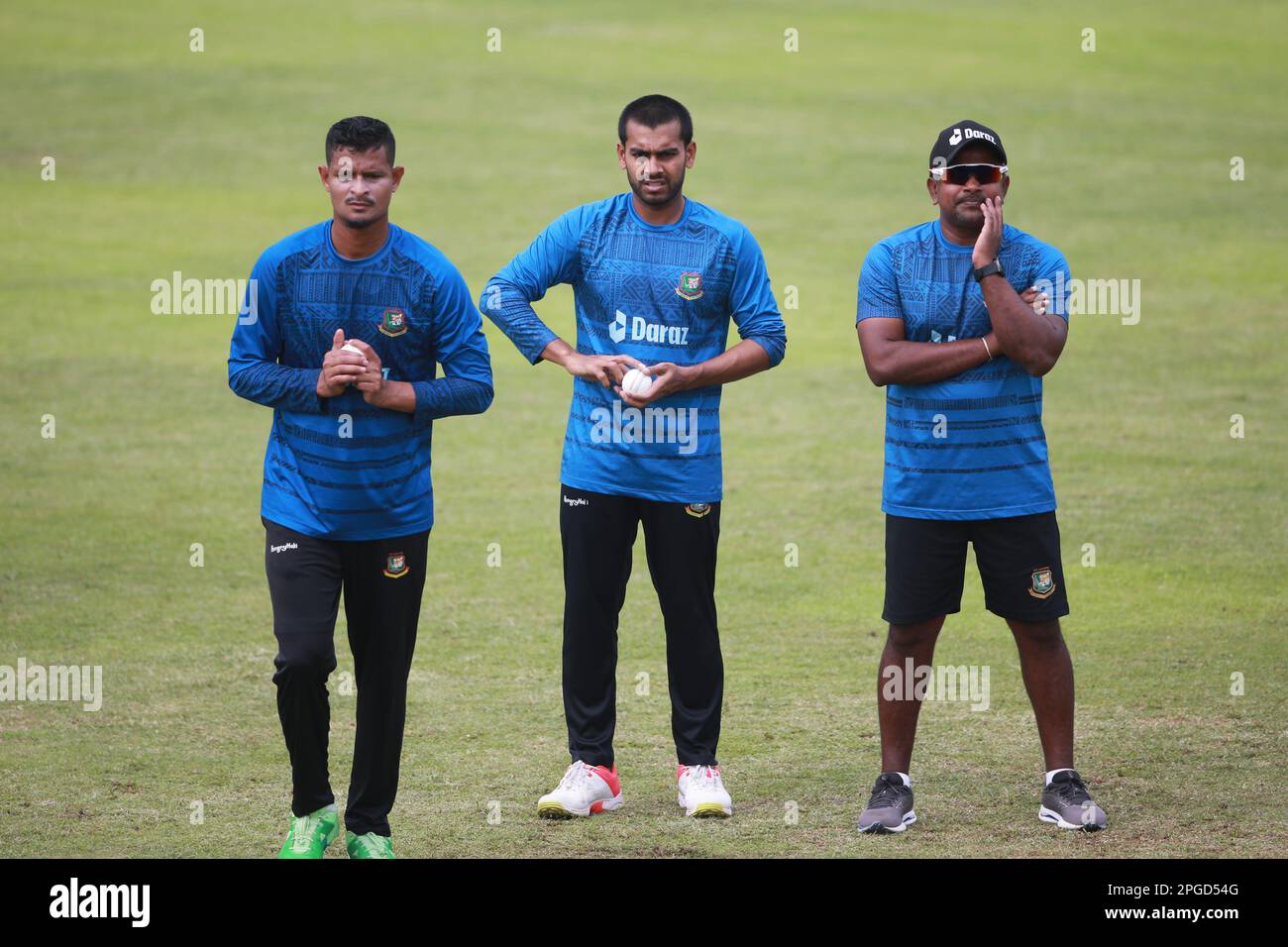 Nasum Ahmed Mehidy Hasan Miraz and Rangana Herath during Bangladesh Cricket Team attends practice ahead of their 3rd and final One Day International m Stock Photo