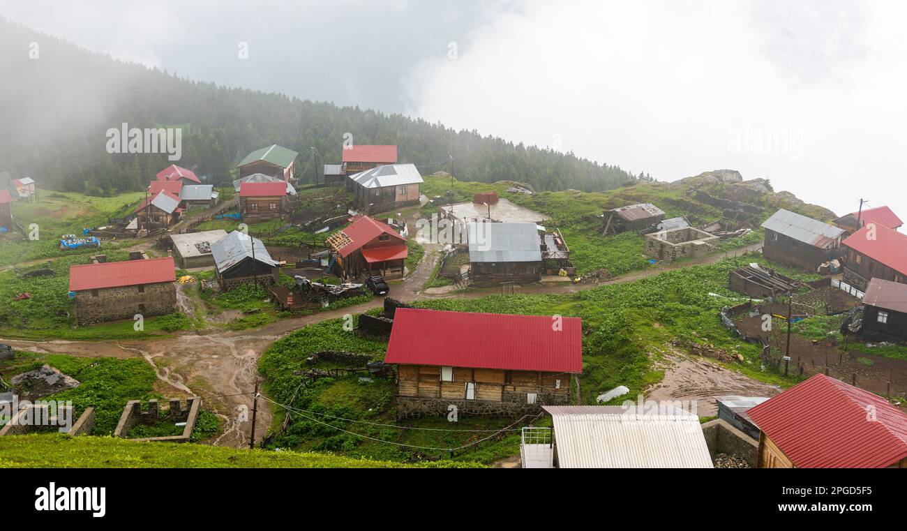 Gito Plateau view with foggy weather. This plateau located in Camlihemsin district of Rize province. Kackar Mountains region. Rize, Turkey. Stock Photo
